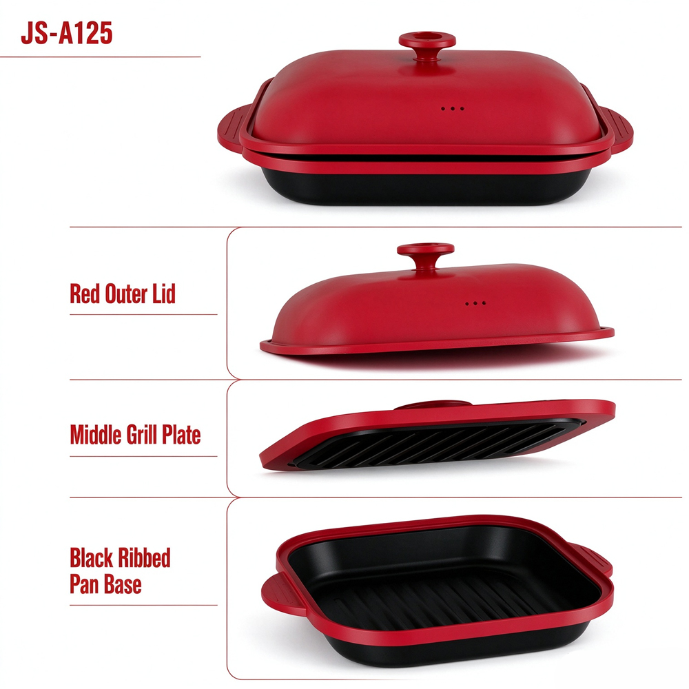 3-in-1 Microwave Steel Lid Square Grill Pot