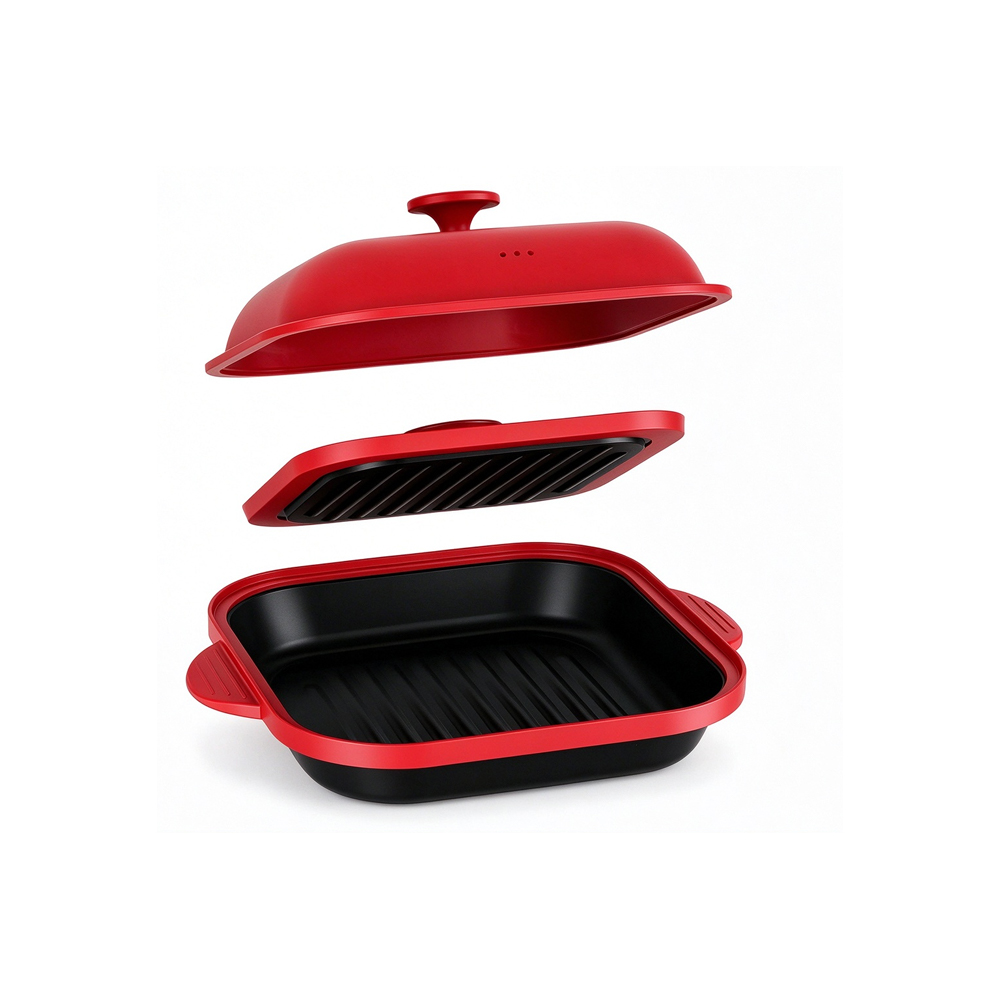 3-in-1 Microwave Steel Lid Square Grill Pot