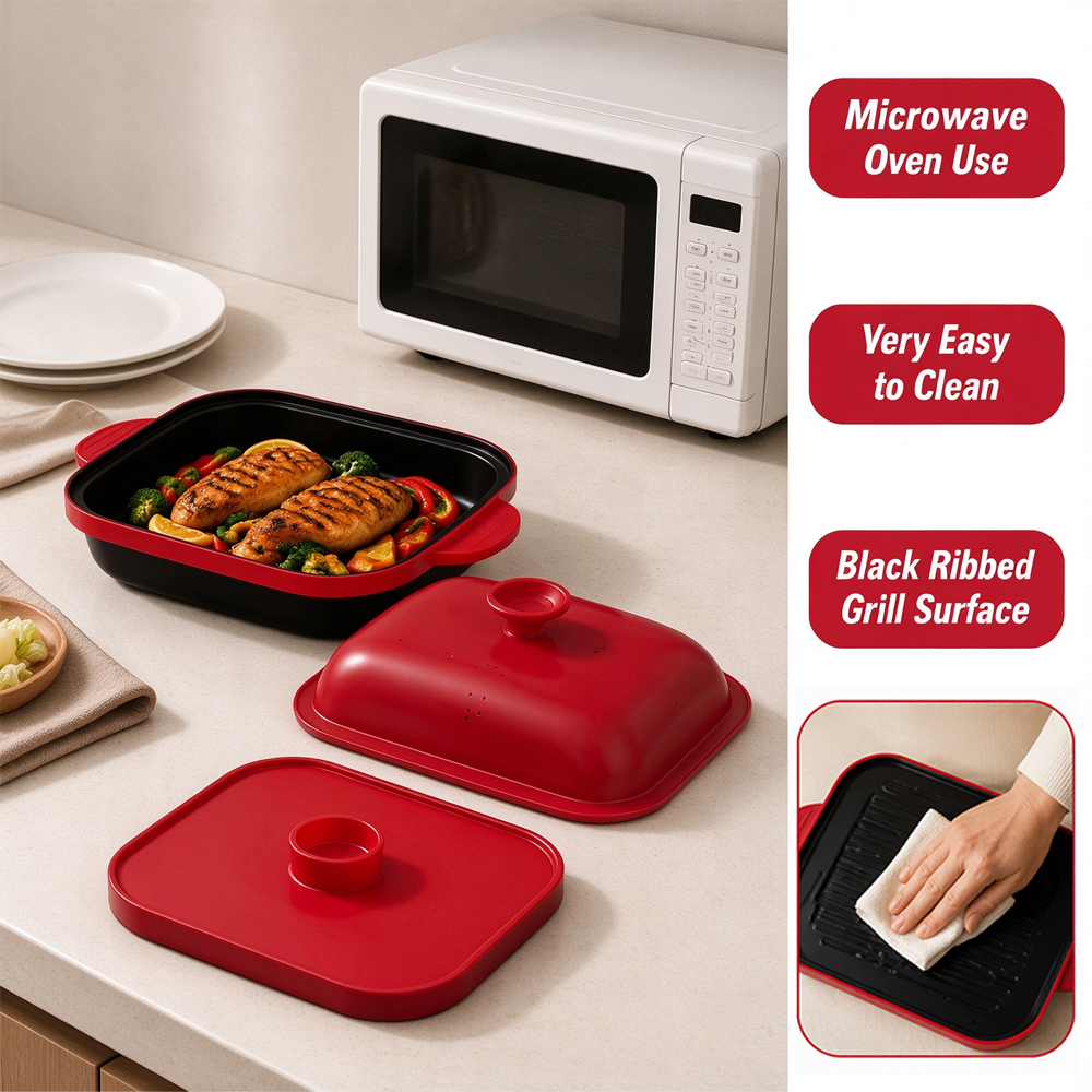 3-in-1 Microwave Steel Lid Square Grill Pot