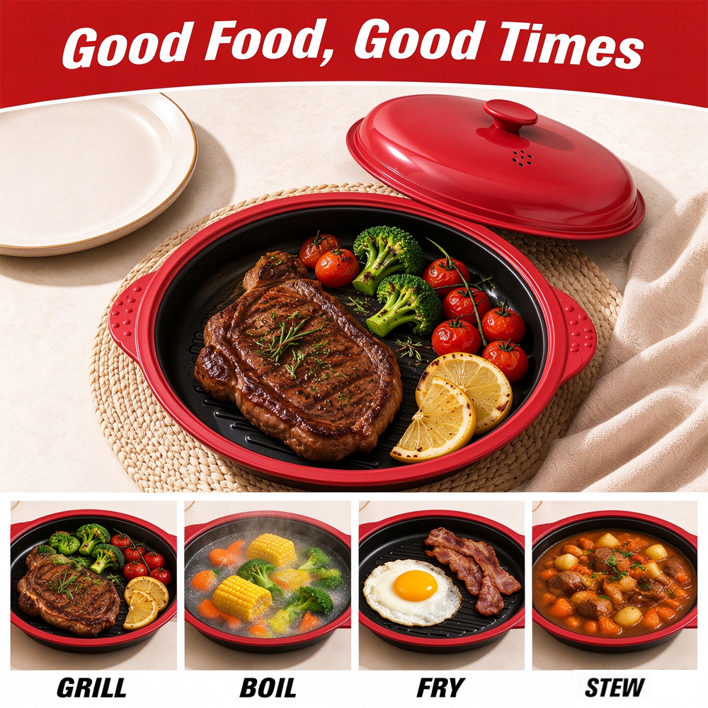 3-in-1 Microwave Steel Lid Round Grill Pot
