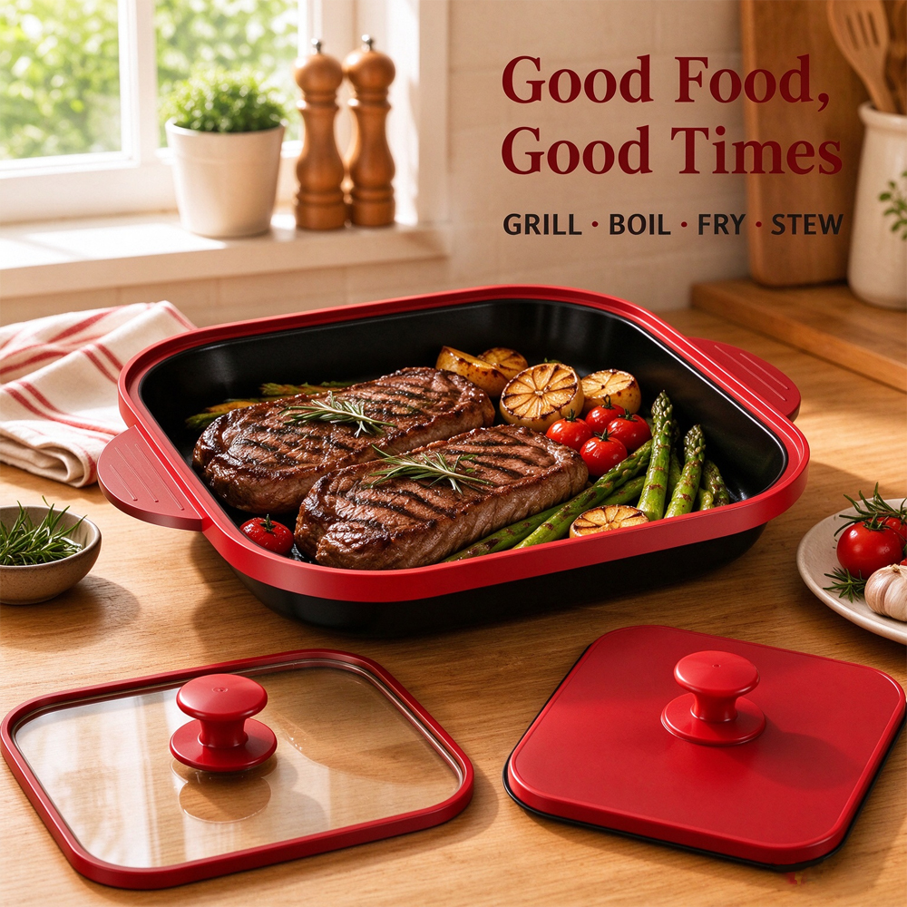 3-in-1 Microwave Glass Lid Square Grill Pot