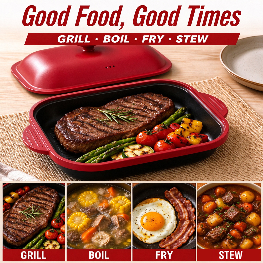 3-in-1 Microwave Steel Lid Square Grill Pot