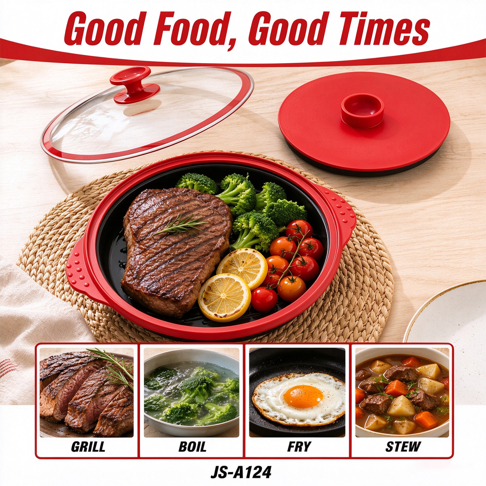 3-in-1 Microwave Glass Lid Round Grill Pot